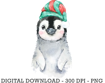 PNG Christmas Penguin in Santa Hat, Baby Winter Animals, Kids Sublimation Design, Winter Christmas Sack Design