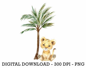 PNG Tropikalna Dżungla Safari Zwierzęta Lew, Dzieci Sublimacja, Zaproszenie Na Baby Shower Clipart, Dekoracja Urodzinowa Dżungli, Topper Na Tort Z Małymi Zwierzętami