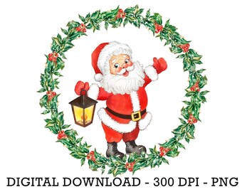 PNG Santa Christmas Wreath, Christmas Clip Art, Winter Clip Art, Kids Sublimation Design, Holiday Sublimation, Winter Christmas Sack Design