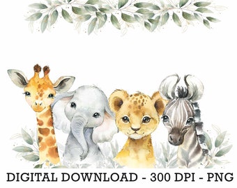 PNG Tropical Jungle Safari Animals, Kids Sublimation, Baby Shower Invite Clipart, Jungle Birthday Decor, Baby Animals Cake Topper