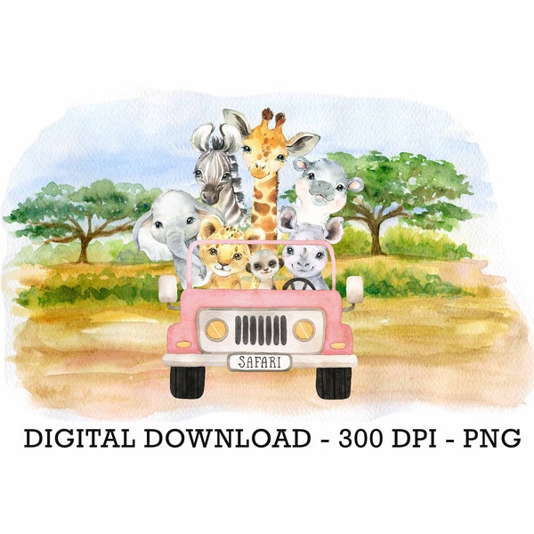 PNG Tropical Jungle Safari Animals Car, Kids Sublimation, Baby Shower Invite Clipart, Jungle Birthday Decor, Baby Animals Cake Topper