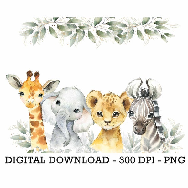 PNG Tropical Jungle Safari Animals, Kids Sublimation, Baby Shower Invite Clipart, Jungle Birthday Decor, Baby Animals Cake Topper