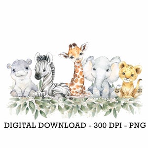 May include: A watercolor illustration of five adorable baby animals: a hippopotamus, zebra, giraffe, elephant, and lion. The animals are sitting together on a bed of green leaves. The illustration is perfect for a nursery or children's room.