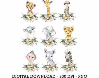 PNG Set of 9 Tropical Jungle Safari Animals, Kids Sublimation, Baby Shower Invite Clipart, Jungle Birthday Decor, Baby Animals Cake Topper
