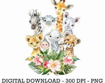 PNG Tropical Jungle Safari Animals Car, Kids Sublimation, Baby Shower Invite Clipart, Jungle Birthday Decor, Baby Animals Cake Topper