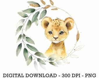 PNG Tropikalna Dżungla Safari Zwierzęta Lew, Dzieci Sublimacja, Zaproszenie Na Baby Shower Clipart, Dekoracja Urodzinowa Dżungli, Topper Na Tort Z Małymi Zwierzętami