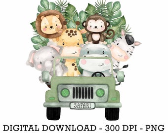 Carro de animais de safári na selva tropical PNG, sublimação infantil, clipart de convite para chá de bebê, decoração de aniversário na selva, topo de bolo de animais de bebê