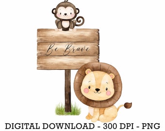 PNG Tropikalna Dżungla Safari Zwierzęta Lew, Dzieci Sublimacja, Zaproszenie Na Baby Shower Clipart, Dekoracja Urodzinowa Dżungli, Topper Na Tort Z Małymi Zwierzętami