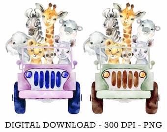 Set 2 PNG Tropical Jungle Safari Animals Car, Kids Sublimation, Baby Shower Invite Clipart, Jungle Birthday Decor, Baby Animals Cake Topper