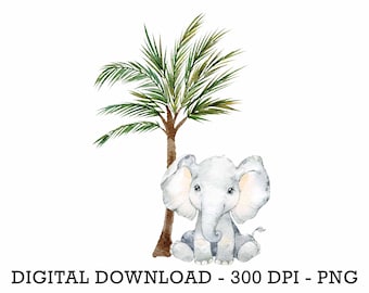 PNG Tropical Jungle Safari Animals Elephant, Kids Sublimation, Baby Shower Invite Clipart, Jungle Birthday Decor, Baby Animals Cake Topper