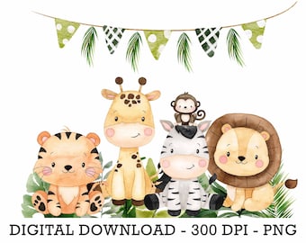 PNG Tropical Jungle Safari Animals, Kids Sublimation, Baby Shower Invite Clipart, Jungle Birthday Decor, Baby Animals Cake Topper
