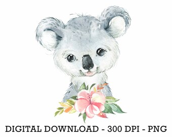 PNG Floral Koala Bear, Kids Sublimation, Baby Shower Invite Clipart, Jungle Birthday Decor, Baby Animals Cake Topper