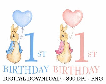 PNG Set of 2 Peter Rabbit First Birthday, 1st Birthday Kids T-Shirt Sublimation Design, Bunny Design, Cake Topper, Birthday Decor