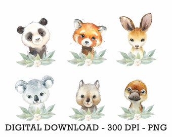 PNG Set of 6 Cute Baby Animals, Kids Sublimation, Baby Shower Invite Clipart, Jungle Birthday Decor, Baby Animals Cake Topper