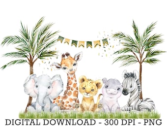 PNG Tropical Jungle Safari Animals, Kids Sublimation, Baby Shower Invite Clipart, Jungle Birthday Decor, Baby Animals Cake Topper