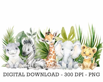 PNG Tropical Jungle Safari Animals, Kids Sublimation, Baby Shower Invite Clipart, Jungle Birthday Decor, Baby Animals Cake Topper Active