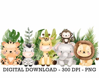 PNG Tropical Jungle Safari Animaux, Sublimation pour enfants, Baby Shower Invite Clipart, Décor d’anniversaire de la jungle, Baby Animals Cake Topper