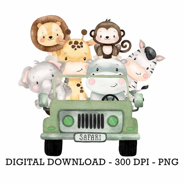 PNG Tropical Jungle Safari Animali Auto, Sublimazione per bambini, Baby Shower Invito Clipart, Jungle Birthday Decor, Baby Animals Cake Topper