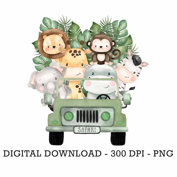 PNG Tropical Jungle Safari Animali Auto, Bambini Sublimazione, Baby Shower Invito Clipart, Jungle Birthday Decor, Baby Animals Cake Topper