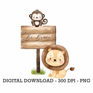 PNG Tropical Jungle Safari Animals Lion, Kids Sublimation, Baby Shower Invite Clipart, Jungle Birthday Decor, Baby Animals Cake Topper