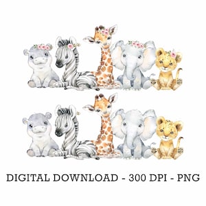 PNG トロピカル ジャングル サファリ アニマル 2 個セット、子供用昇華、ベビー シャワー招待クリップアート、ジャングル バースデー デコレーション、ベビー アニマル ケーキ トッパー