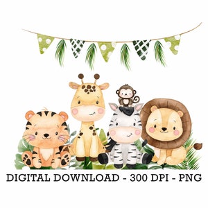 PNG Tropical Jungle Safari Animals, Kids Sublimation, Baby Shower Invite Clipart, Jungle Birthday Decor, Baby Animals Cake Topper