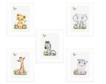 PNG/JPG Set of 5 Watercolor Floral Jungle Safari Baby Animals, Nursery Decor, Printable Wall Art, Baby Room