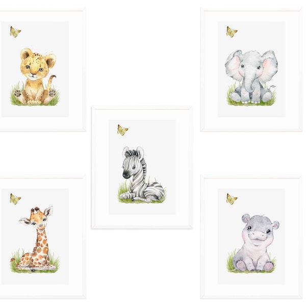 PNG/JPG Set of 5 Watercolor Floral Jungle Safari Baby Animals, Nursery Decor, Printable Wall Art, Baby Room