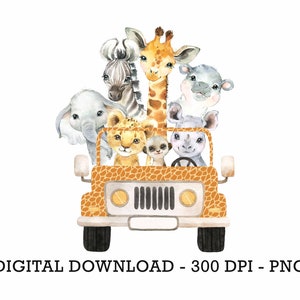PNG トロピカル ジャングル サファリ アニマル カー、キッズ 昇華、ベビー シャワー招待クリップアート、ジャングル バースデー デコレーション、ベビー アニマル ケーキ トッパー