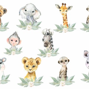 PNG Set of 10 Tropical Jungle Safari Animals, Kids Sublimation, Baby Shower Invite Clipart, Jungle Birthday Decor, Baby Animals Cake Topper