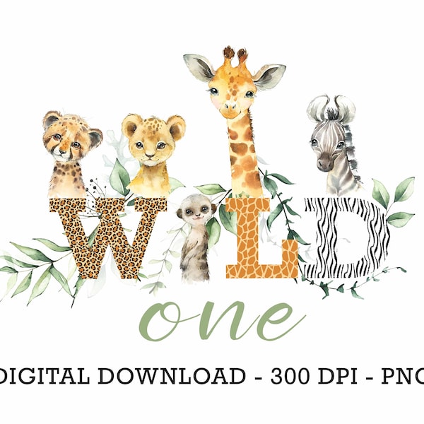 PNG Wild One Baby Safari Animals, Watercolor Baby Animals, 1st Birthday Kids T Shirt Sublimation Design, Jungle Birthday