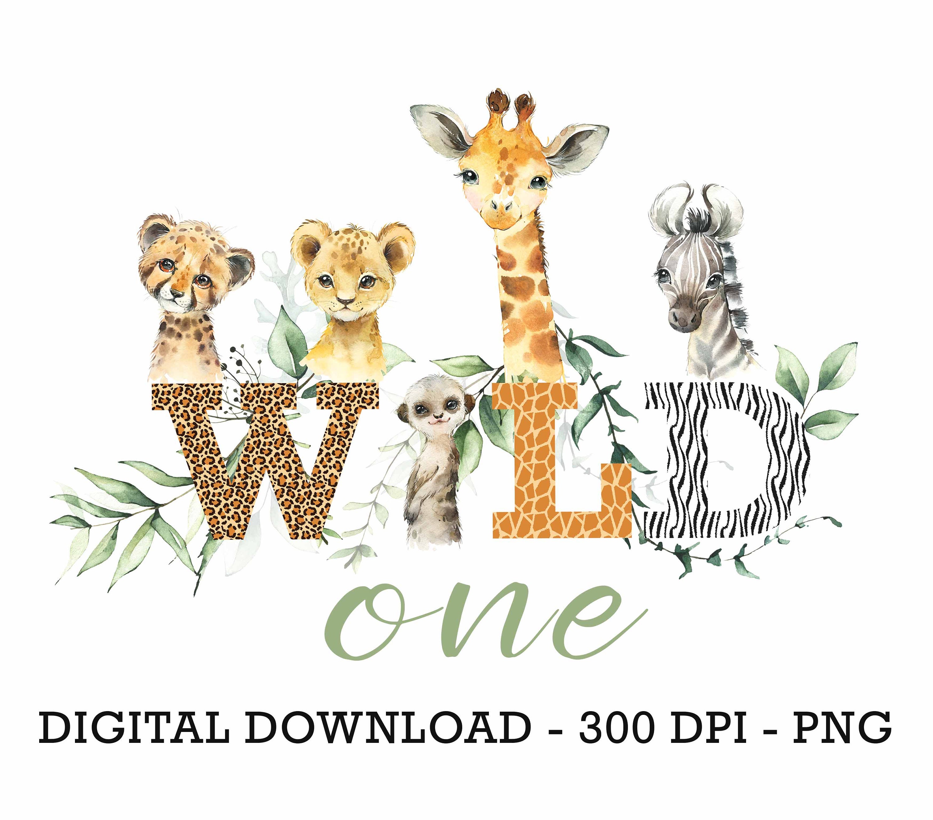 PNG Wild One Baby Safari Animals, Watercolor Baby Animals, 1st Birthday ...