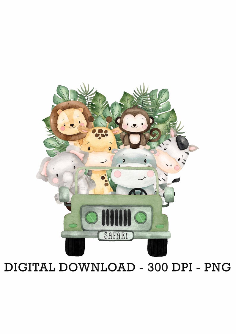 May include: A green safari jeep with a license plate that says "Safari" is filled with cute cartoon animals including a lion, monkey, giraffe, elephant, hippopotamus, and zebra. The jeep is surrounded by green tropical leaves.