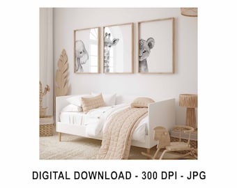 JPG Safari Nursery Decor Set of 3 Jungle Animal Nursery Wall Art Prints Lion, Giraffe, Elephant Nursery Child Kids Printable Black and White