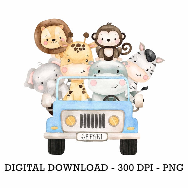 PNG Tropical Jungle Safari Animals Car, Kids Sublimation, Baby Shower Invite Clipart, Jungle Birthday Decor, Baby Animals Cake Topper
