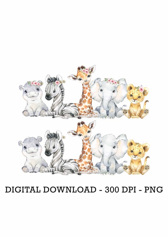 PNG Set of 2 Tropical Jungle Safari Animals, Kids Sublimation, Baby Shower Invite Clipart, Jungle Birthday Decor, Baby Animals Cake Topper