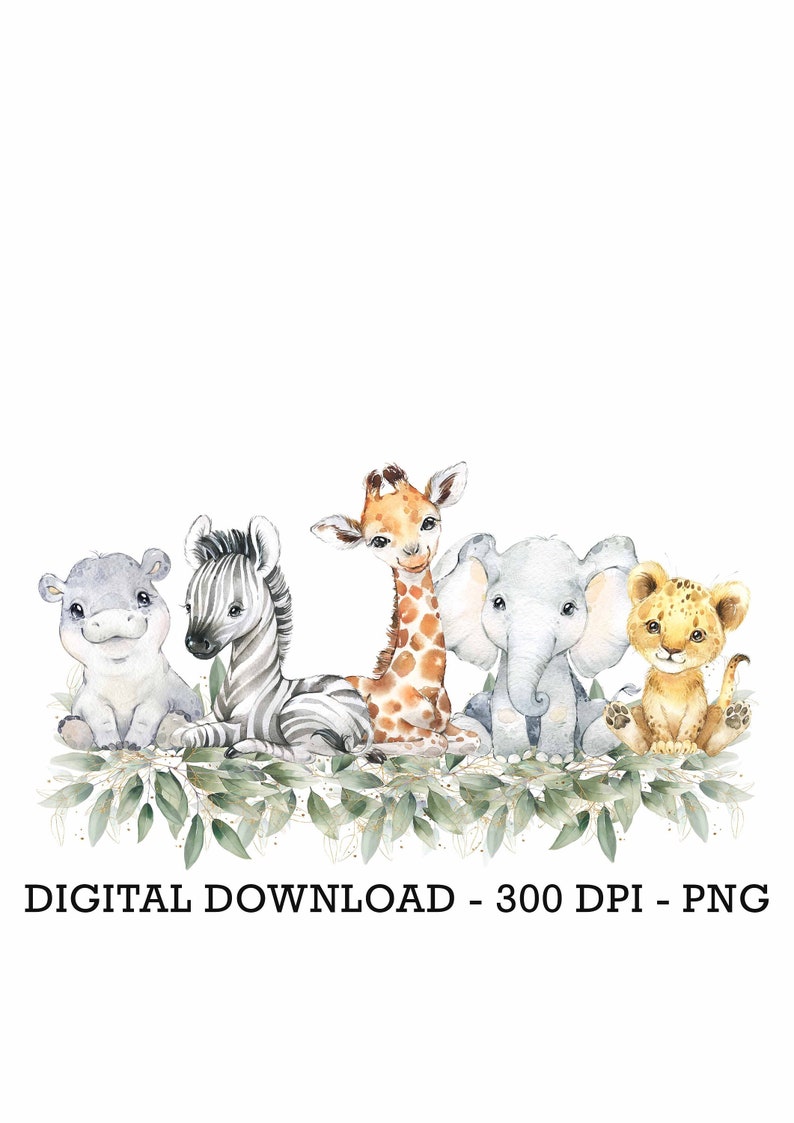 May include: A watercolor illustration of five adorable baby animals: a hippopotamus, zebra, giraffe, elephant, and lion. The animals are sitting together on a bed of green leaves. The illustration is perfect for a nursery or children's room.