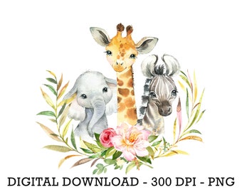 PNG Tropical Jungle Safari Animals, Kids Sublimation, Baby Shower Invite Clipart, Jungle Birthday Decor, Baby Animals Cake Topper