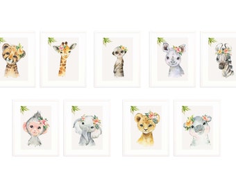 JPG Set of 9 Floral Watercolor Jungle Safari Baby Animals, Nursery Decor, Printable Wall Art, Baby Room