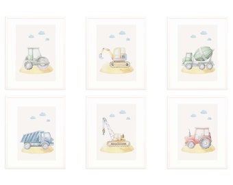 Set of 6 JPG Watercolor Construction Vehicle Trucks Prints, Construction Wall Art, Baby Boy Nursery Decor, Printable Wall Art, Baby Room