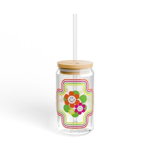 Colorful Happy Daisy Flower Sipper Glass - 16oz Drinkware, Fun Sipper Glass, Glass Can, Sipper Liquid Cheer, Stylish, Sipper Glass Can, Gift
