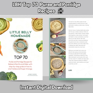 May include: A digital download cover for a cookbook titled "Little Belly Homemade: Top 70 Puree and Porridge Recipes for Babies 6 Months and Older". The cover features a colorful collage of baby food ingredients and bowls of puree, with a green avocado, a red apple, a banana, and a bunch of broccoli.