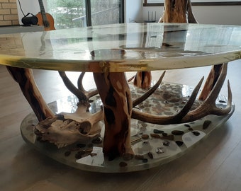 May include: A round, clear resin coffee table with a gold-toned edge. The table base is made of natural wood branches and antlers.