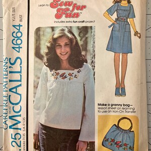 McCall’s 4664 Vintage Boho Top or Dress with Granny Bag Junior Size 11/12, Bust 32 inches