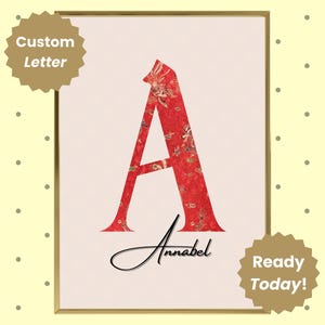 Custom Chinoiserie Letter Print, Coastal Cowgirl Poster, Delft Red Monogram Prints, Red Pattern Coastal Granddaughter Print, Gift For Her