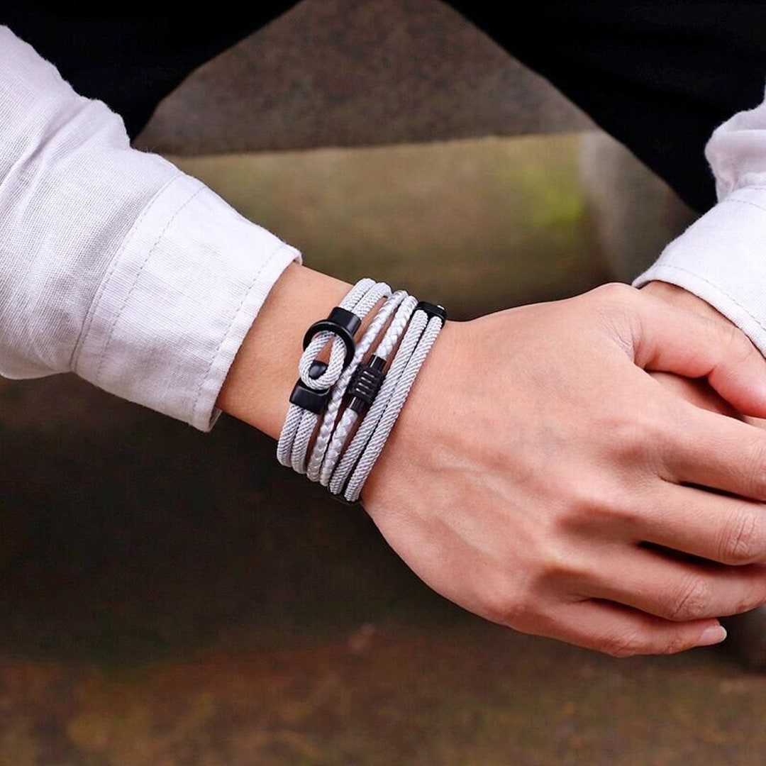 3pcs Set Mens Rope Bracelet Gift for Hubby Double Layer Rope Chain