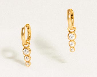 Dainty 18k Gold Triple Diamond Drop Hoop Earrings - Removable Charm Earrings