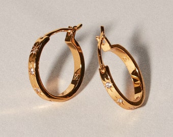 18k Gold Plated Starburst Diamond Huggie Hoops – Tarnish Free Celestial Dainty Earrings - Medium Sized Everyday Hoops - Gift for Her