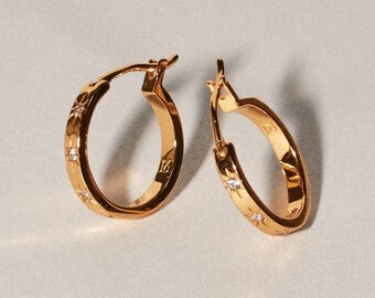 Diamond 'Cosmic' Gold Hoops - Starburst Diamond Cubic Zirconia Huggies - 18k Gold Plated Hoop Earrings - Sparkly Celestial Dainty Gold Hoops