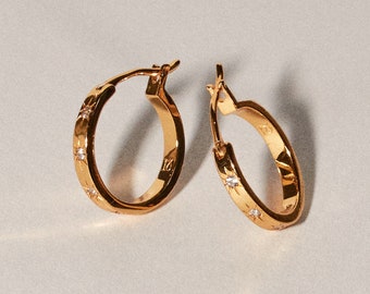 Diamond 'Cosmic' Gold Hoops - Starburst Diamond Cubic Zirconia Huggies - 18k Gold Plated Hoop Earrings - Sparkly Celestial Dainty Gold Hoops